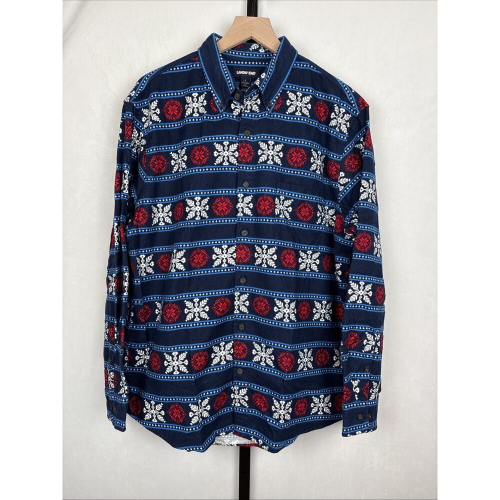 NEW Land's End Flagship Flannel Button Down Shirt Men's Large Blue Fair Isle